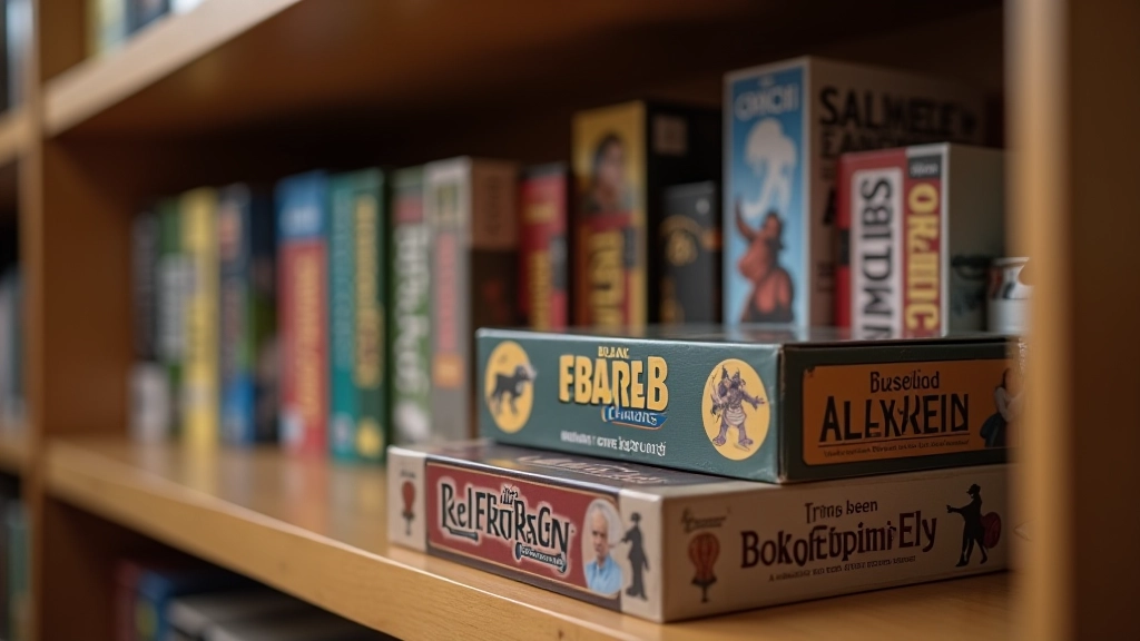 Collection of different cooperative board game boxes arranged on shelf, showing variety of game types and difficulty levels