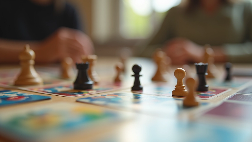 Close-up view of board game components including wooden tokens, dice, cards, and game board sections showing different mechanics in action