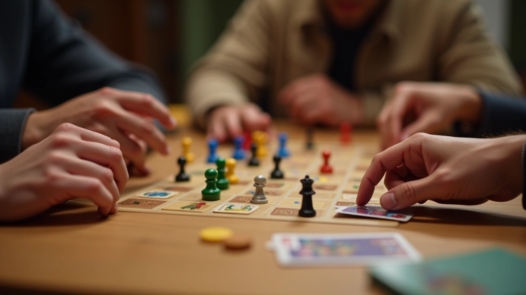 Colorful board game pieces and cards spread across wooden game board with players' hands visible