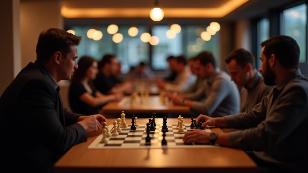 Interior of chess club with multiple boards set up, players seated and standing around tables