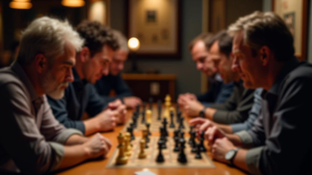 Group of mature chess players gathered around board, focused on game, warm club lighting
