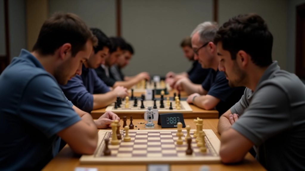 Tournament hall with multiple chess boards and players concentrating during game