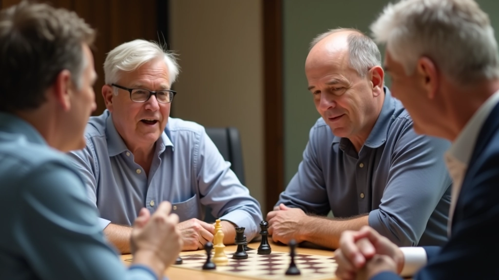 Four players sitting around table discussing strategy, pointing at game board, animated conversation captured mid-discussion