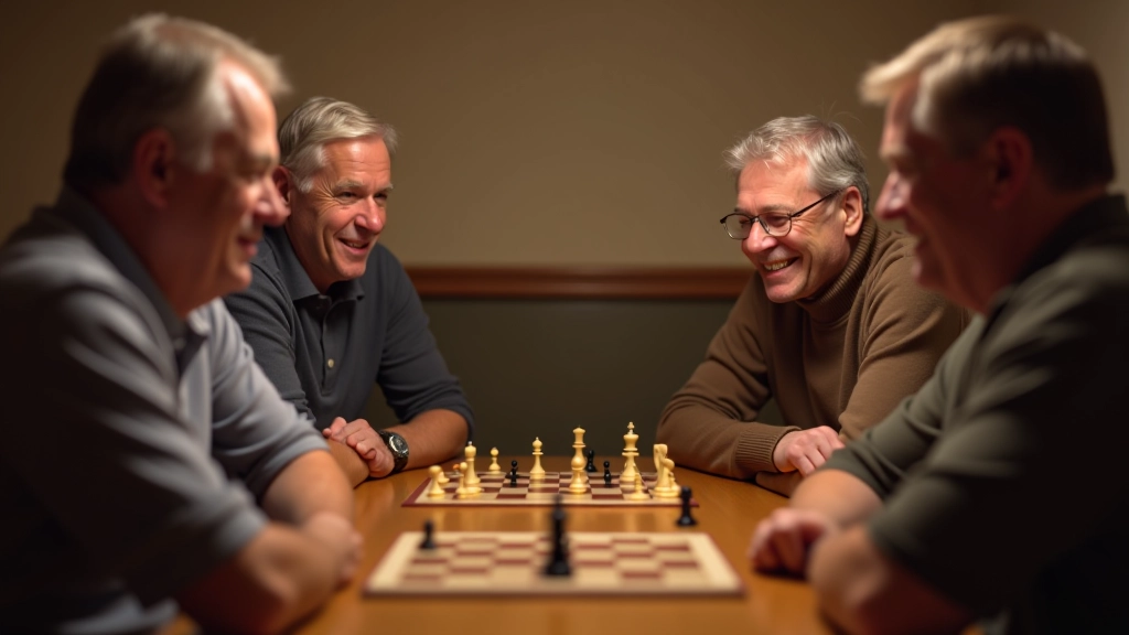 Group of mature adults playing board games around wooden table in cozy community space