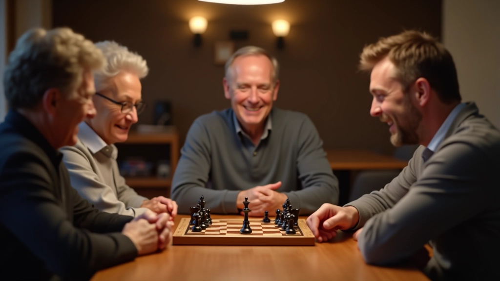 Group of mature adults aged 45-60 sitting around wooden table with board game in progress, smiling and engaged in gameplay