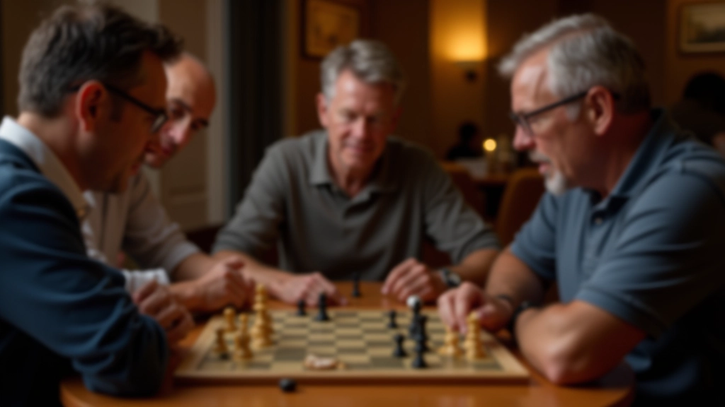 Group of mature adults gathered around a wooden table playing board games with focused expressions and game pieces visible