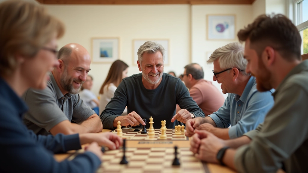 Diverse group of mature board game players enjoying strategic gameplay in a well-lit community space