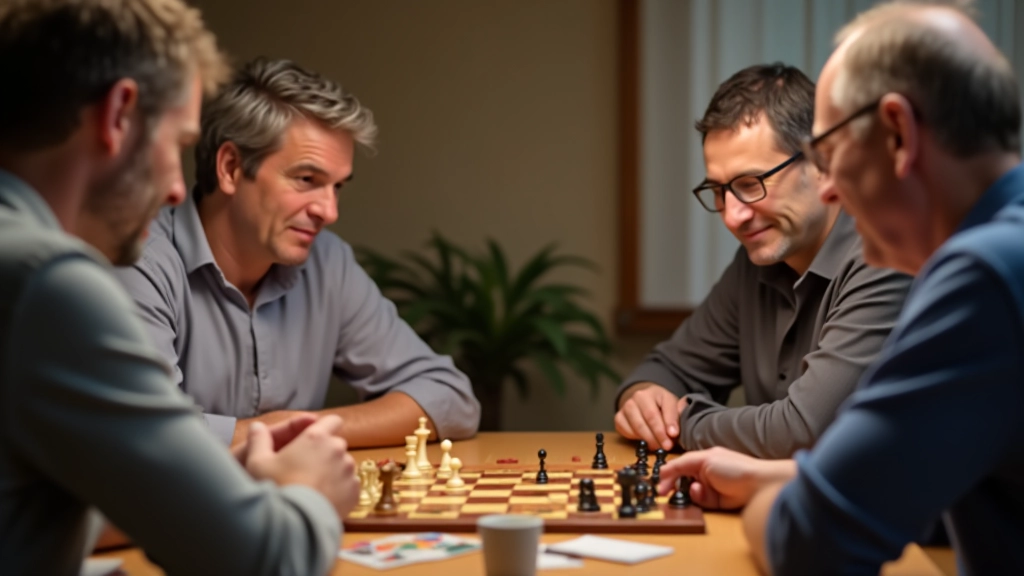 Board game club members playing strategic games together around a wooden table
