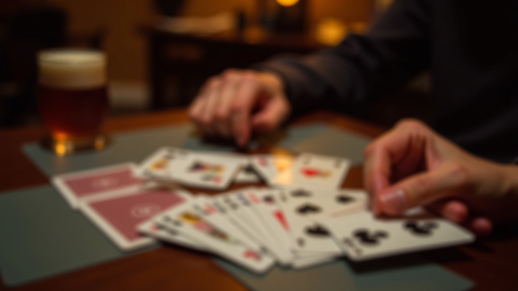 Playing cards spread in fan pattern showing card game in progress, table setting with beverage nearby