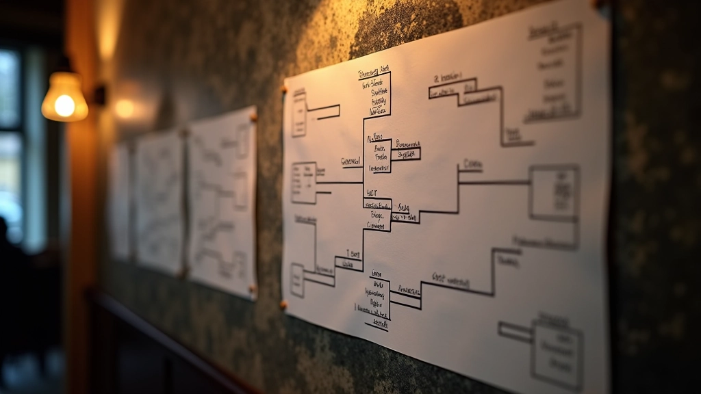 Tournament bracket board displayed at gaming venue showing Swiss system pairings and standings