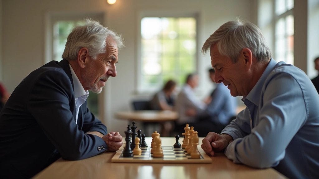 Mature chess players in focused concentration during tournament game, natural afternoon lighting in club setting