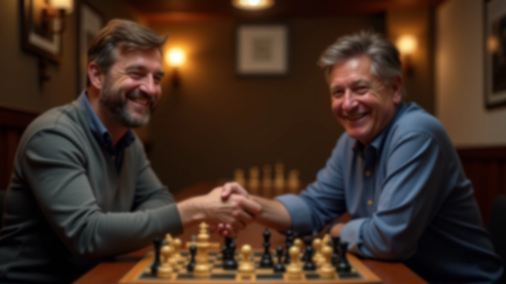 Person shaking hands with chess club organizer in welcoming gesture