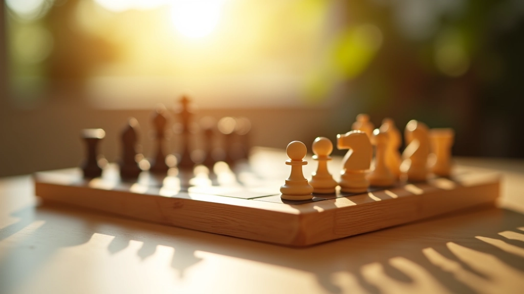 Chess board with pieces set up, wooden board in afternoon sunlight on table